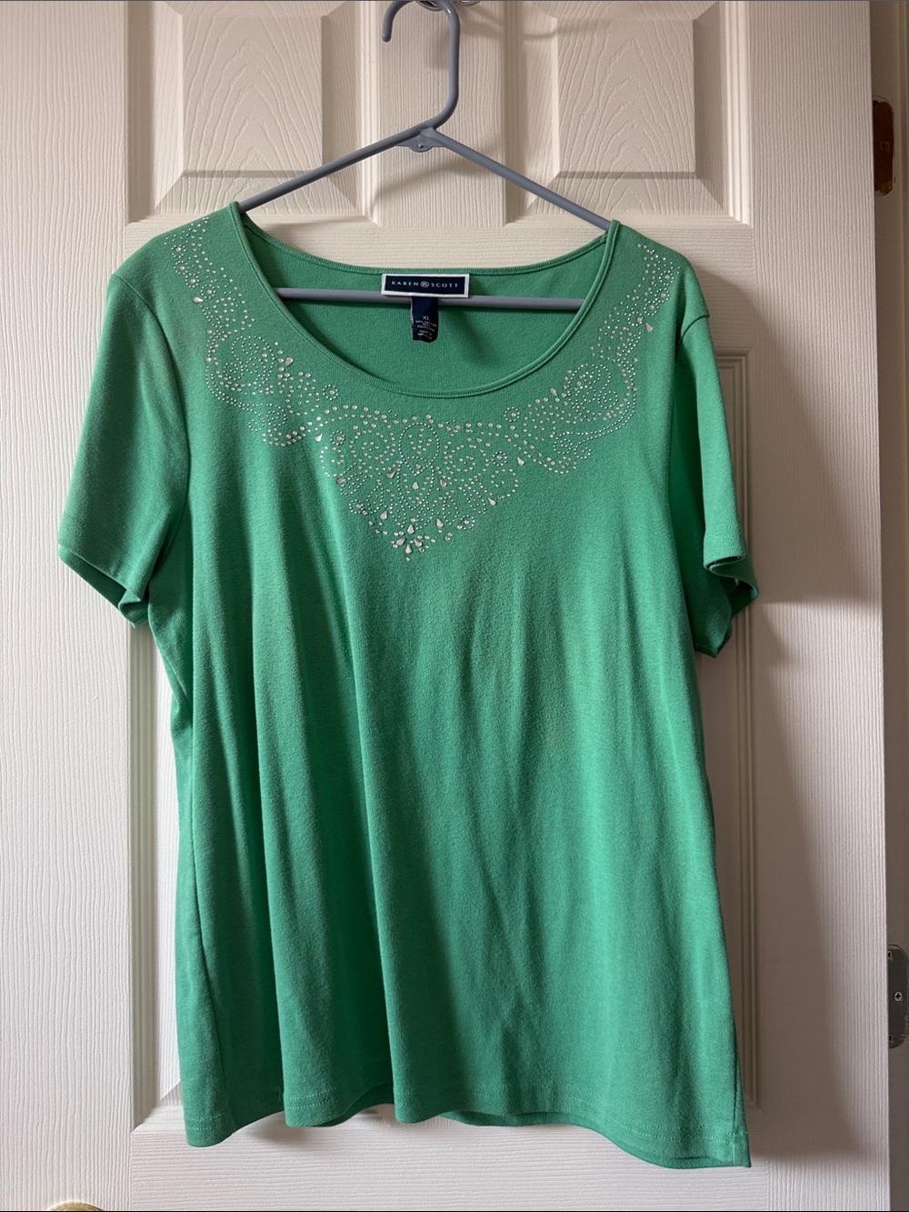 Karen Scott Mint Green Short Sleeve Scoop Neck Top with Rhinestone Detail